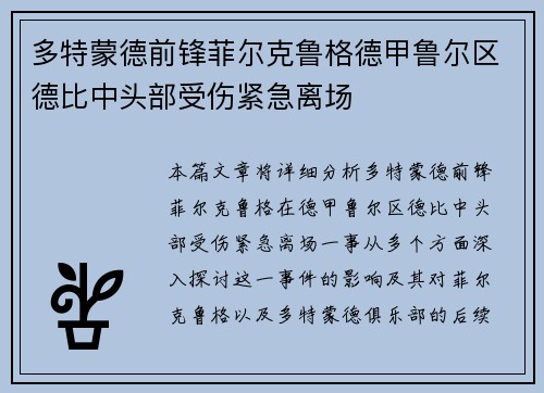 多特蒙德前锋菲尔克鲁格德甲鲁尔区德比中头部受伤紧急离场 多特蒙德前锋菲尔克鲁格德甲鲁尔区德比中头部受伤紧急离场